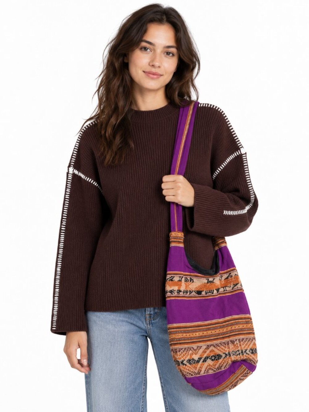 PrettyGarden Brown Contrast Stitch Knit Sweater & Boho Crossbody Bag Set - Small